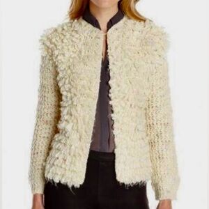 EUC TRINA TURK Cozy 100% Wool Chunky Loop Yarn Cardigan Sweater Jacket M Cream